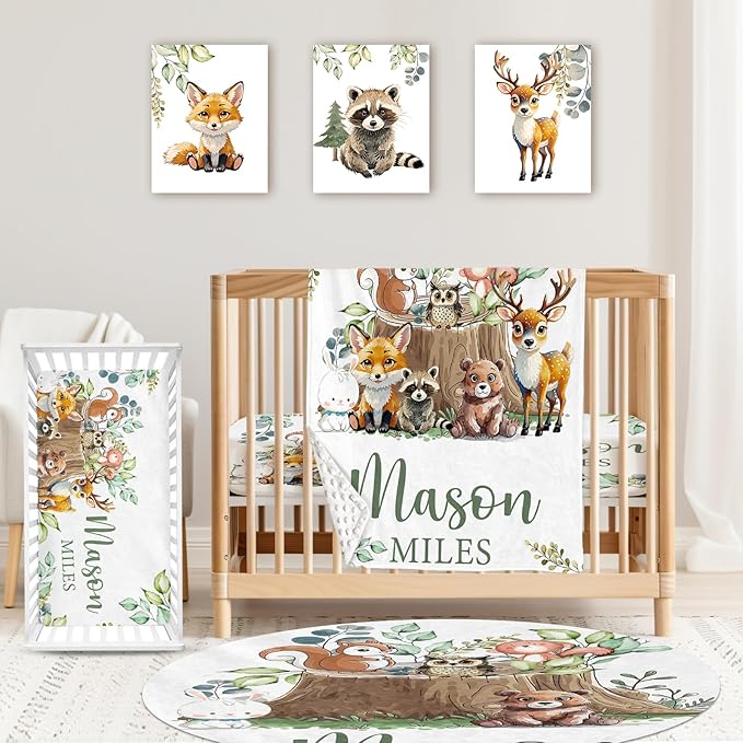 Custom Baby Crib Bedding Set,Personalized Name Animal Stump Pattern Nursery Bed Set 4 Piece,Baby Blanket Fitted Sheet Nursery Rug Wall Art Set,Custom Room Decor Idea Gift for Newborns Boys Girls