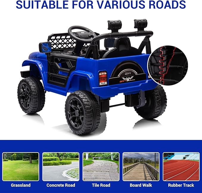 12V Ride On Car for Kids Electric Vehicle Toddlers Battery Powered Truck Car Toy with Remote Control, 4-Wheel Suspension, Battery Display, LED Lights, Music, for Boys Girls, Dark Blue
