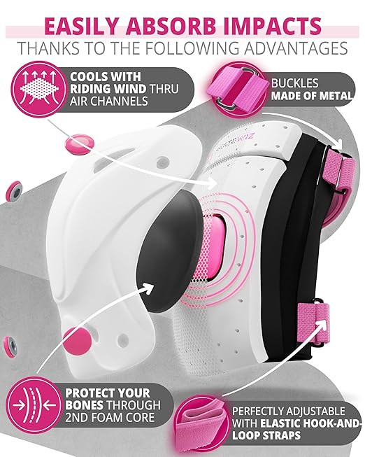 SKATEWIZ Knee Pads for Kids - Knee and Elbow Pads Set - PROTECT-1 - Size S Pink White - Wrist Guards Skating Protective Gear, Skateboard, Roller Skate, Ice Skates For Kids