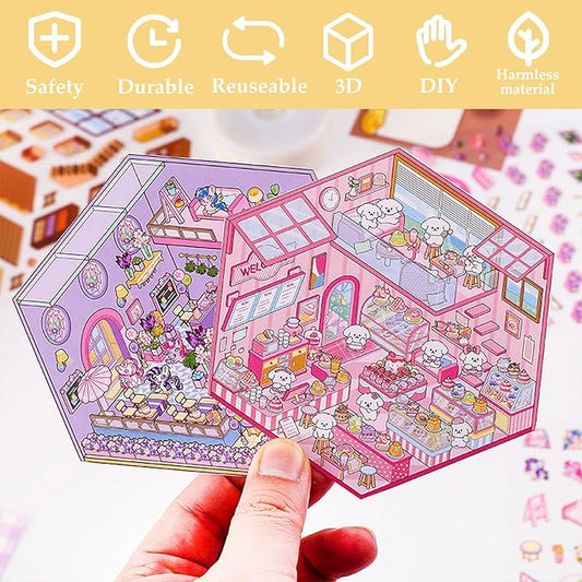 DIY 3D House Sticker, 6 Sets of Sticker Make Your Own Mini Shop Scenes Stickers for Kids Kawaii Cartoon Scene Stickers for Adult Relief Stress, Holiday & Christmas Fun
