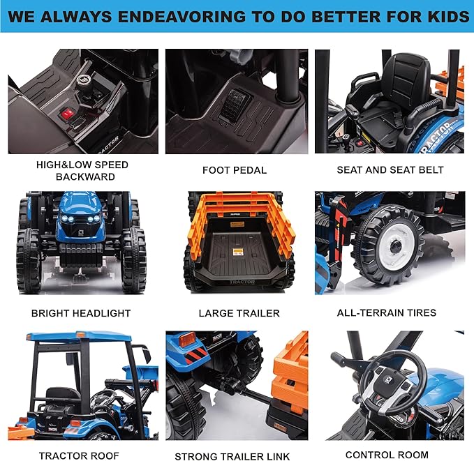 24V Kids Ride On Tractor w/Remote Control, 3IN1 Riding Tractor w/Trailer&Front Loader, Power Wheels 24V Ride on Toys for Boys Girls, Kids Ride on Excavator Toy (Blue Tractor with Trailer&Front Loader)