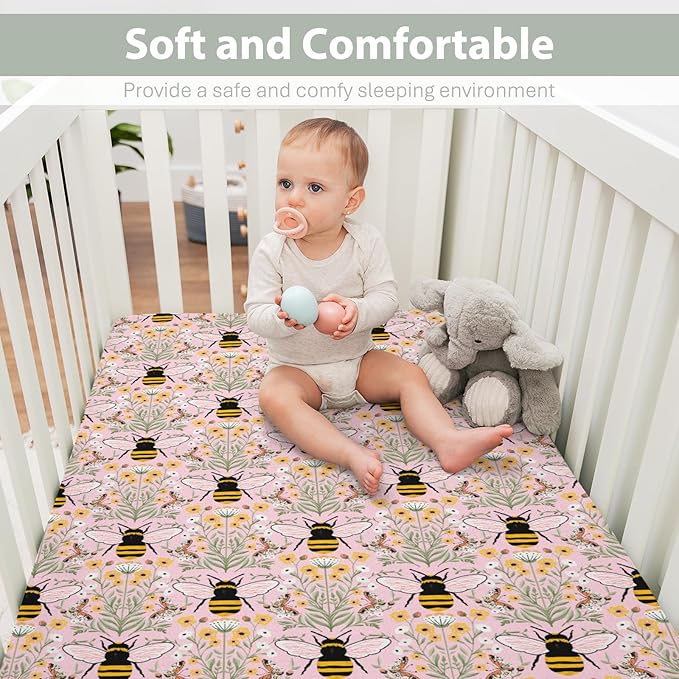 Bee Honey Garden Pink Baby Crib Sheets for Boy Girl 52"x28" Boho Floral Bees Honey Butterflies Soft Snug Fitted Crib Mattress Covers Spring Summer Baby Sheet for Standard Crib & Toddler Bed Mattress