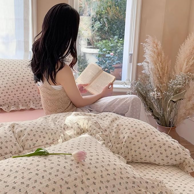BuLuTu Muslin Cotton Duvet Cover Full, Teens Kids Ruffles Comforter Cover, Chic Shabby Pink Bellflower Print Quilt Covers 79"x90", Zipper Closure, No Pillow Case, Machine Wash