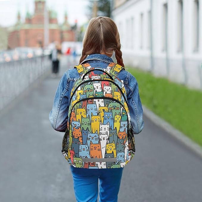 MNSRUU School Backpack with Chest Strap, Cartoon Animal Cute Cat Laptop Backpack, Travel Hiking Backpack for Boys Girls, Rucksack, Knapsack One Size