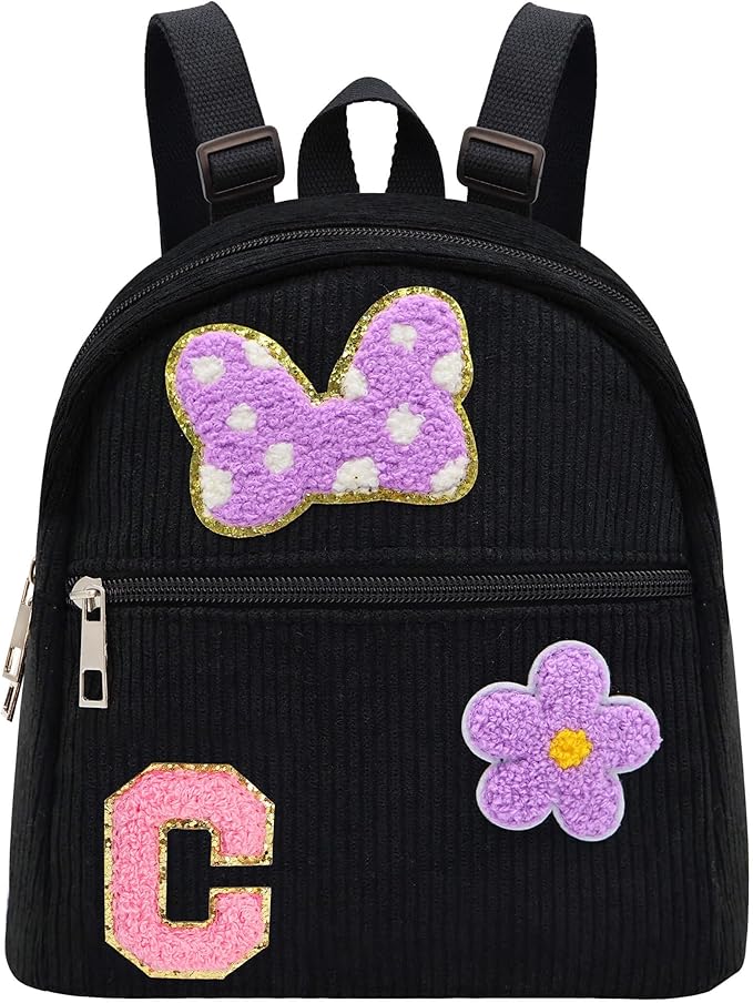 2 3 4 5 6 Year Old Girl Gifts Chenille Initial Mouse Bow Mini Backpack, Corduroy Toddler Backpacks Christmas Birthday Gifts for Girls 2-4 5-6, Black Mini Diaper Bag Must Haves for Park Travel Letter C