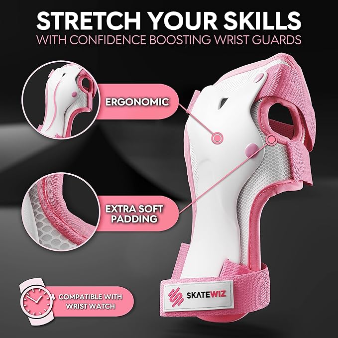 SKATEWIZ Skateboard Pads Protective Gear Set for Kids and Adults - Smash - Roller Skate Pads [6pc] with Wrist Guards - Skating Protective Gear - Roller Derby