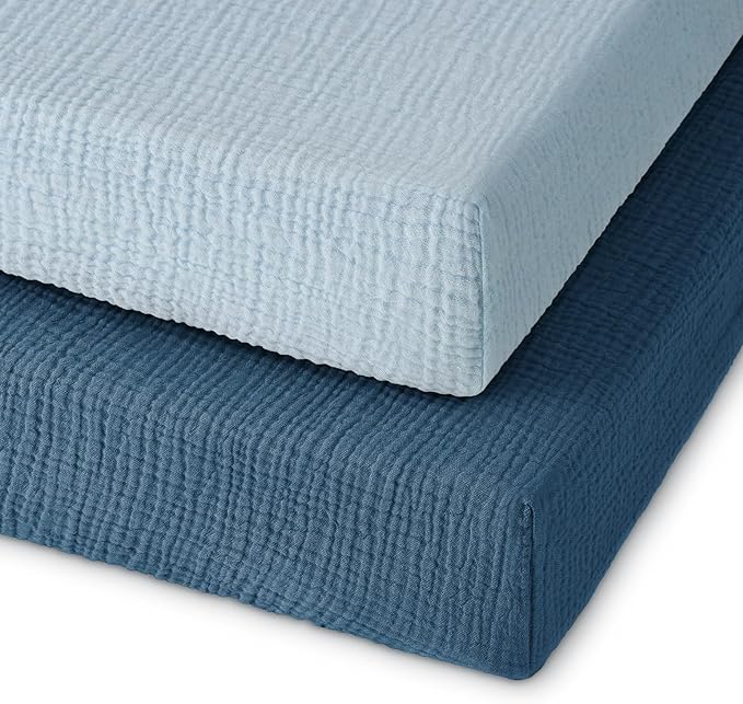 Muslin Pack and Play Sheets Fitted, 100% Cotton Mini Crib Sheets 2 Pack for Pack N Play Mattress, Stretchy Playard Sheet, Soft and Breathable Gradient Blue