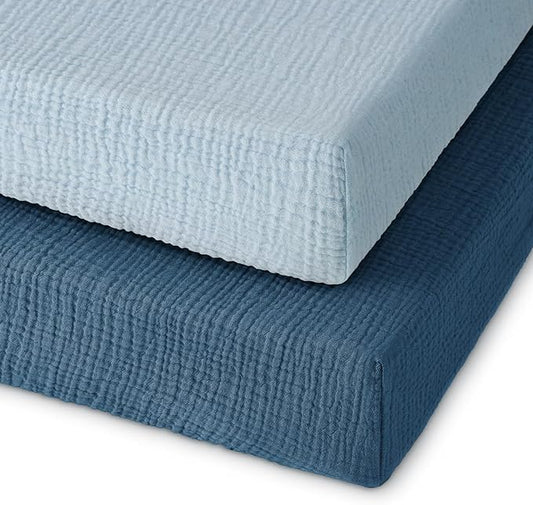 Muslin Pack and Play Sheets Fitted, 100% Cotton Mini Crib Sheets 2 Pack for Pack N Play Mattress, Stretchy Playard Sheet, Soft and Breathable Gradient Blue
