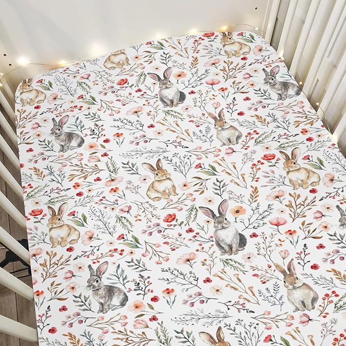Vintage Rabbit Boho Floral Baby Crib Sheets for Boy Girl 52"x28" Retro Bunny Wild Flowers Soft Stretchy Fitted Crib Mattress Cover Spring Garden Animal Baby Sheet for Standard Crib & Toddler Mattress