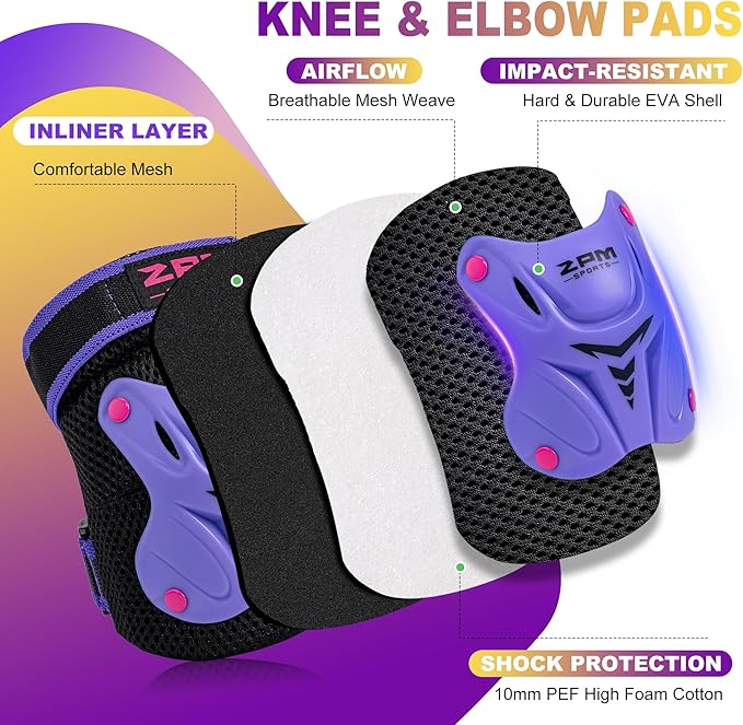 2PM SPORTS Knee Pads for Kids, Wrist Guards Knee and Elbow Pads Set with Drawstring Bag, Protective Gear Set for Girls Boys Roller Skating Cycling Skateboard