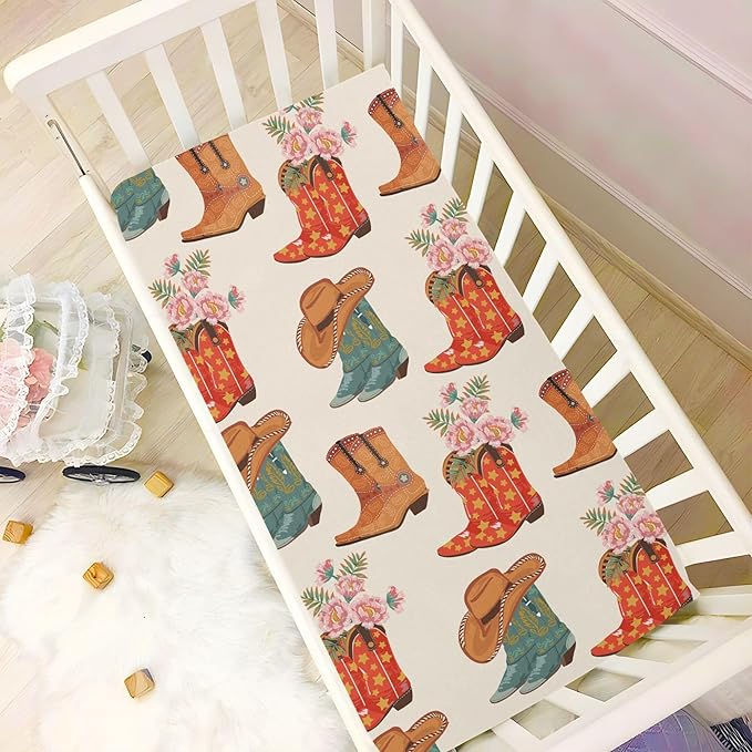 Western Cowboy Cowgirl Crib Sheets Soft Breathable Fitted Baby Crib Sheets Mattress Cover for Girls Boy, 52" x 28" x 9"