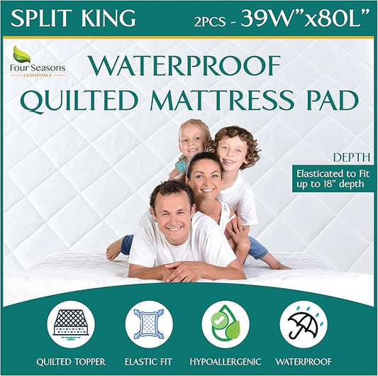 Split King Size Waterproof Mattress Pad - Fitted Mattress Protector with Quilted Pillow Top Mattress Topper - Quality Hypoallergenic Mattress Cover (39x80 x 2pcs) for Split Mattresses