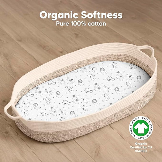 2-Pack Organic Bassinet Sheets for Girls, Boys - 100% Cotton Bassinet Mattress Sheets Compatible with Halo Bassinest Swivel Sleeper, Graco, Baby Delight, Chicco, Fitted Bassinet Sheets (KeaSafari)