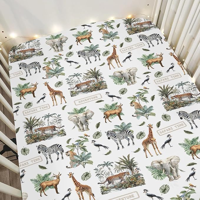 Safari Animal Adventure Baby Crib Sheets for Boy Girl 52x28 Elephant Leopard Giraffe Zebra Tropical Leaves Soft Snug Fitted Crib Mattress Cover African Baby Sheet for Standard Crib & Toddler Mattress