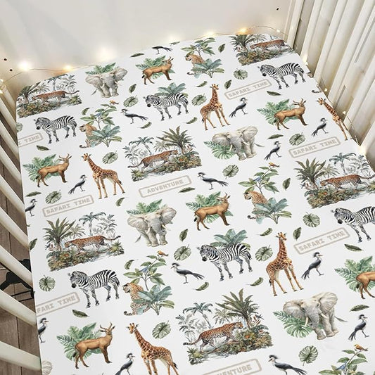 Safari Animal Adventure Baby Crib Sheets for Boy Girl 52x28 Elephant Leopard Giraffe Zebra Tropical Leaves Soft Snug Fitted Crib Mattress Cover African Baby Sheet for Standard Crib & Toddler Mattress