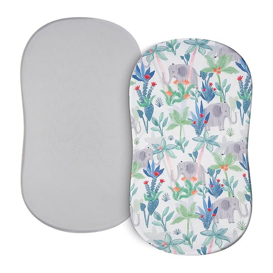 TILLYOU Baby Bassinet Sheets for Girls Boys, Fit for Hourglass Oval Rectangle Bassinet Mattress Sheets, 33”X16”, 2 Pack Rainforest Elephant & Grey