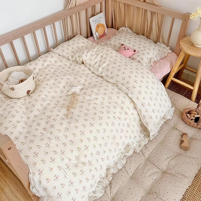 BuLuTu Muslin Cotton Toddler Duvet Cover Soft Double Layers Gauze Bedding Duvet Covers for Toddler Girls Kids Quilt Cover, 47"x59", Azalea Print (No Pillow Cases)