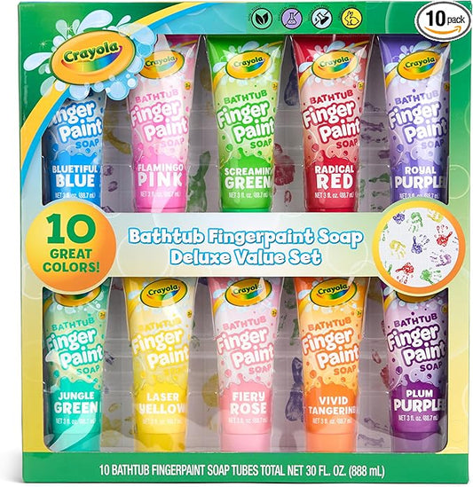 Crayola Bathtub Fingerpaint 10 Color Deluxe Value Pack, 3 Ounce Tubes (Bluetiful Blue, Jungle Green, Royal Purple, & More) Color Your Bath Easily Washable Finger Paints
