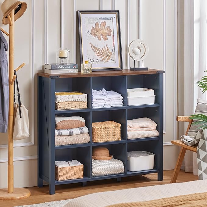 Joaxswe 9 Cube Bookcase, Farmhouse 47 Inch Wide Navy Blue Bookshelf, Wooden 3 Tier Display Large Open Book Shelf, Vintage Horizontal Book Case for Home Office, Cubby Storage Cabinet for Living Room