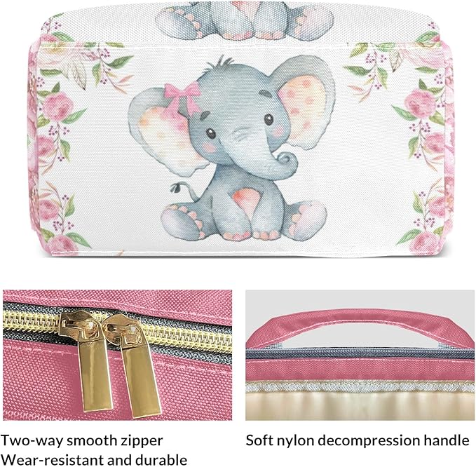 Personalized Pink Roses Baby Elephant Nursery Custom with Name Diaper Bag Backpack For Baby Boy Girl Dad Mom Unisex for Adult Daypack Holiday Gift