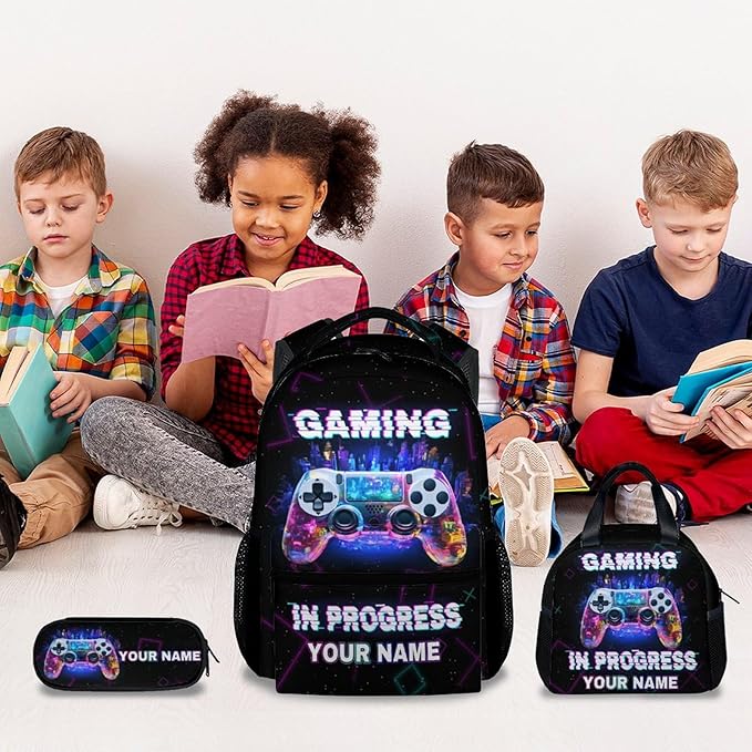 COZYAURA Personalized Backpacks for Boys - 3Pcs Video Gaming Bookbag for Kids - Gamer School Bag for Boys - Kids Backpacks with Lunch Box Pencil Case Set