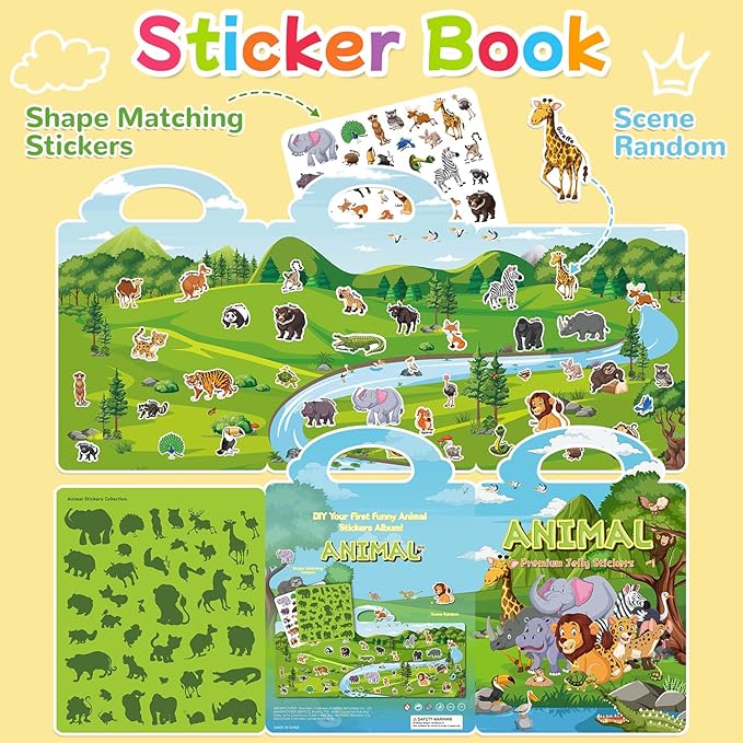 Reusable Sticker Book for Toddlers 3-6, Jelly Stickers for Kids, Sticker Activity Book Travel Toys for Road Trip, Car & Airplane, Educational Learning Gifts for Boys and Girls Ages (Animals Theme)