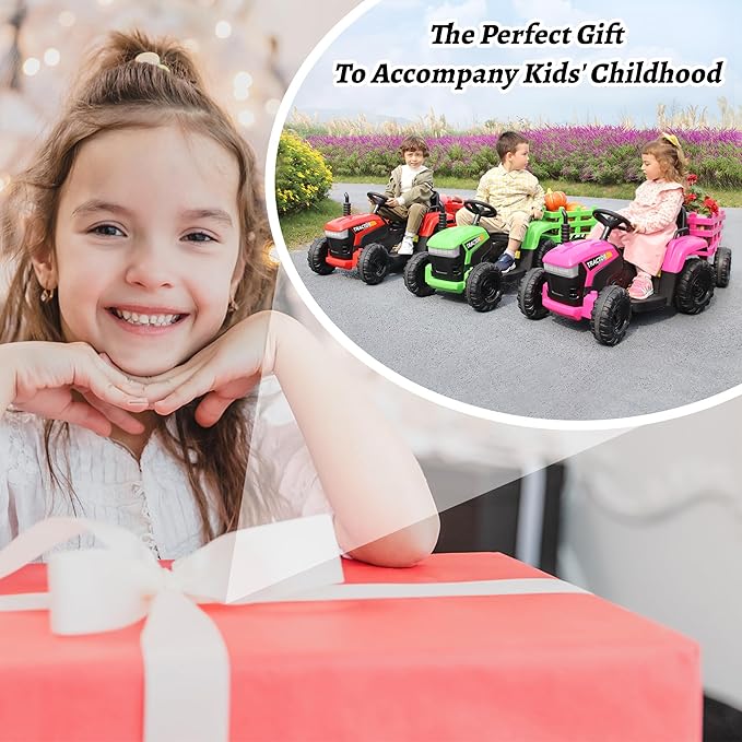 TOBBI Kids Electric Ride On Toy Tractor, Toddlers 12V Battery-Powered Car to Drive, 35W Dual Motor 6-Wheels Trailer Vehicle with 3-Speeds/LED & Horn Functions for Chirdren Aged 3-6-Pink