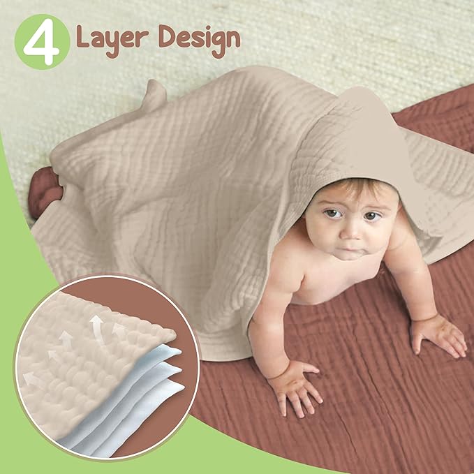 Organic Cotton Muslin Baby Hooded Towels - 32x32 Inch, 2 Pack Newborn Bath Towels for Boys & Girls, Soft & Absorbent Bath Set (Rust/Ivory)