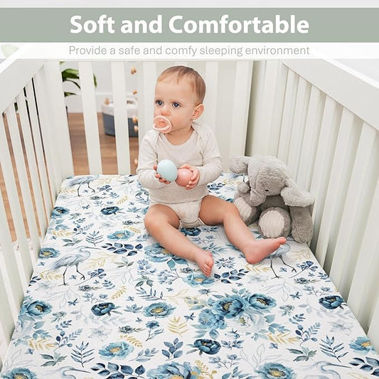 Watercolor Cranes Flowers Baby Crib Sheets for Boy Girl 52"x28" Crane Blue Gold Floral Leaves Soft Stretchy Fitted Crib Mattress Cover Wild Birds Baby Sheet for Standard Crib and Toddler Bed Mattress