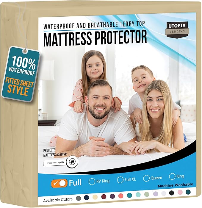 Utopia Bedding Waterproof Mattress Protector Full Size, Premium 200 GSM Terry Mattress Cover, Soft & Breathable Bed Cover, Fitted Sheet Style with Stretchable Deep Pockets 15" (Beige)