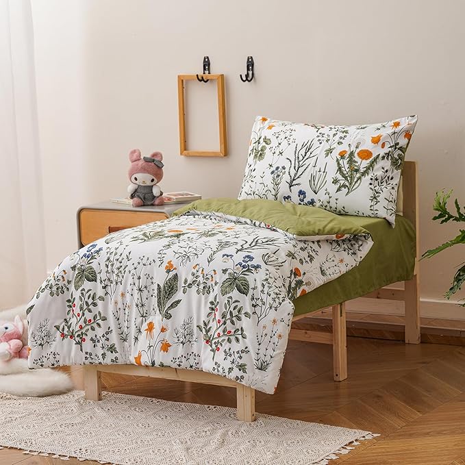 KAREVER Botanical Toddler Bedding Set Flower Print 4 Pieces Crib Bed Set Kids White Green Floral Comforter Set