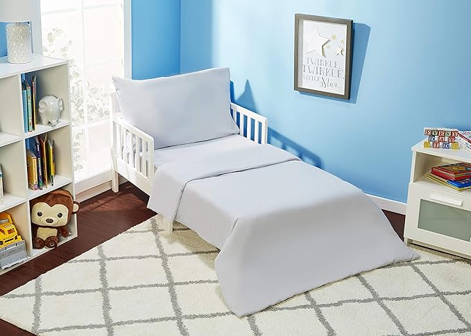 EVERYDAY KIDS 4 Piece Toddler Bedding Set - Includes Comforter, Flat Sheet, Fitted Sheet and Pillowcase - Solid Grey