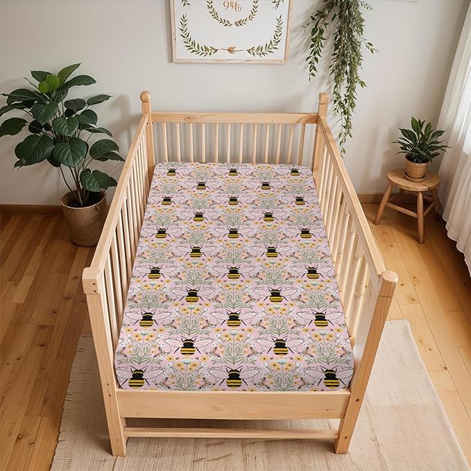 Bee Honey Garden Pink Baby Crib Sheets for Boy Girl 52"x28" Boho Floral Bees Honey Butterflies Soft Snug Fitted Crib Mattress Covers Spring Summer Baby Sheet for Standard Crib & Toddler Bed Mattress
