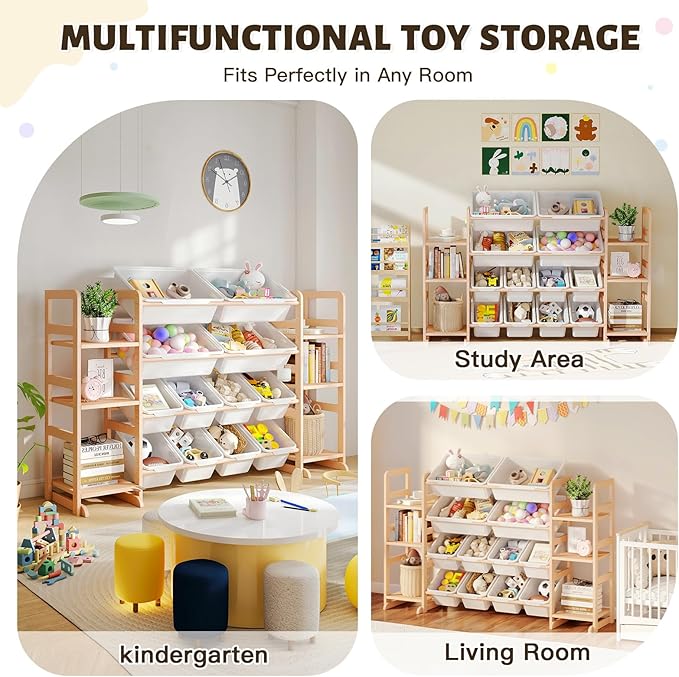 PTINFLUCE Wooden Toy Storage Organizer with 6 Shelves and 12 Bins, Toy Organizer Storage Kids Bookshelf, Toy Shelf for Playroom, Nursery, and Bedroom