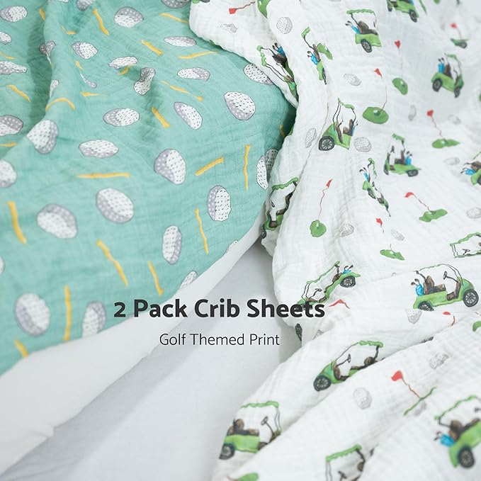 LollyBanks Muslin Crib Sheets 2 Pack, 100% Cotton Neutral Baby Crib Sheets for Standard 52"x28" Mattress, Soft Fitted Sheet for Boys and Girls, Baby Bedding Essentials (Golf Cart and Golf Balls)