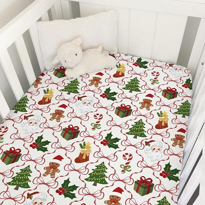 Santa Christmas Bows Baby Crib Sheets for Boy Girl Retro Christmas Trees Stockings Fir Gifts Soft Snug Fitted Crib Mattress Covers for 52x28 Standard Crib & Toddler Mattress Winter Baby Sheets