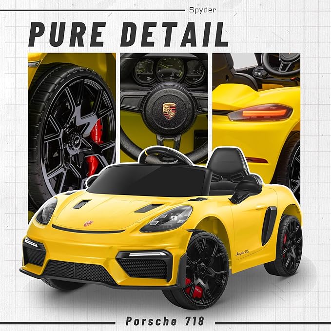 First Ride On Licensed Porsche 718 12V Ride on Toy for Kids, Ride on Car for Toddler, Child Electric Vehicle w/Parent Remote Control, 3 Speeds, Foot Pedal, Music, MP3, Led Headlights (Yellow)