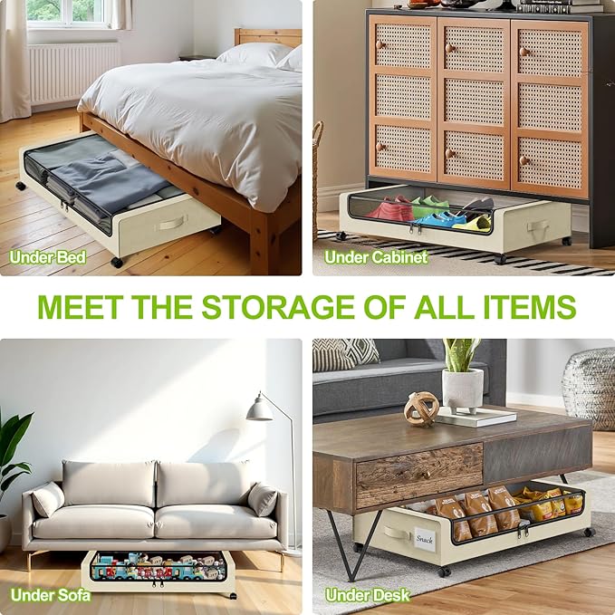 Molutsody Under Bed Storage with Wheels, 2-Pack Underbed Storage Containers with Clear Lids, Under Bed Shoe Storage Organizer, Rolling Under Bed Storage for Clothes Shoes Blankets (Beige)