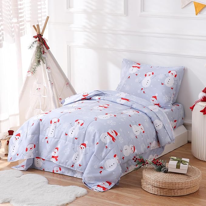 JSD Blue Snowman Toddler Bedding Set, 4 Piece Christmas Winter Toddler Microfiber Comforter Sheet Set, Lightweight Breathable