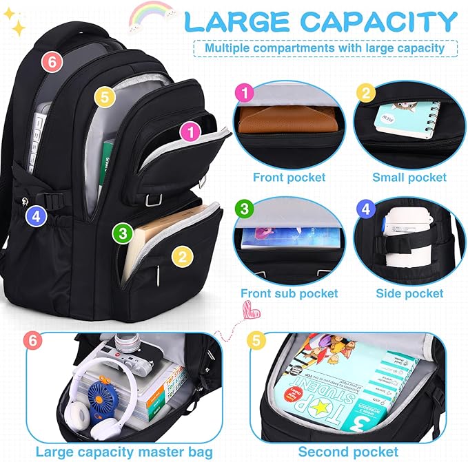 KBTYE School Backpack for Kids Girls Cute Travel Backapck for College Women Men Casual Laptop Bookbag for Teen Student(Black)