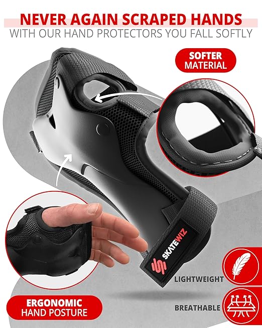 SKATEWIZ Knee Pads for Kids - Knee and Elbow Pads Set - PROTECT-1 - Size M Black - Wrist Guards Skating Protective Gear, Skateboard, Roller Skate, Ice Skates For Kids