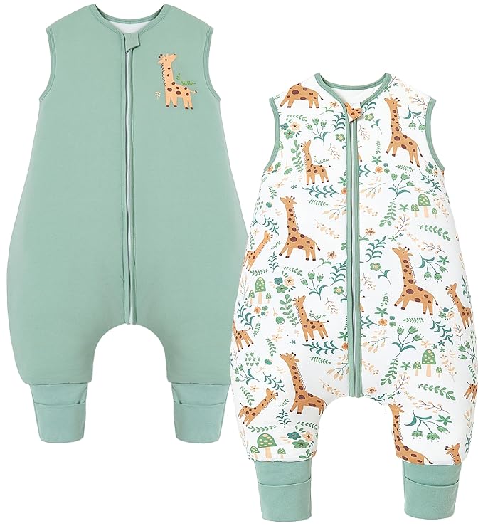 Toddler Sleep Sack with Feet 4-5 T, 2.5 TOG Cotton Baby Wearable Blanket with Legs, Winter Sleep Bag Walker with 2-Way Zipper, Green + Giraffe