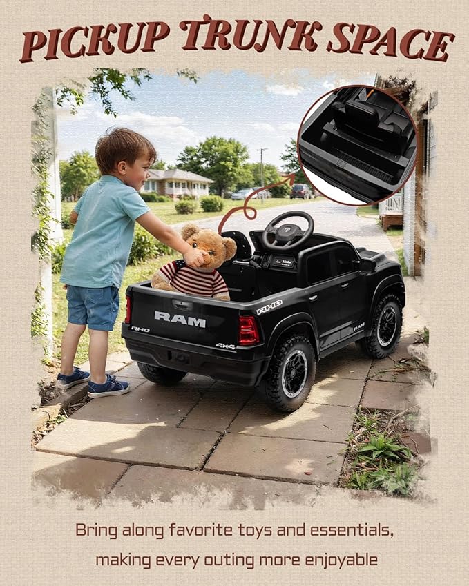 First Ride On 12V Licensed Ram 1500 Ride on Toy for Kids, Toddler Ride on Pickup Truck with Parent Remote Control, Electric Car for Kids with Truck Bed Storage, 3 Point Safety Belt (Black)