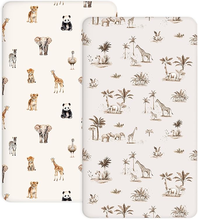 Pack and Play Sheets 2 Pack, Fitted Jersey Knit Mini Crib Sheets for Baby Boys and Girls, Compatible with Graco Pack N Play and Mini Crib Mattress (Safari Dreams, Pack N Play/Mini Crib Sheets)