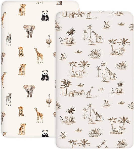 Pack and Play Sheets 2 Pack, Fitted Jersey Knit Mini Crib Sheets for Baby Boys and Girls, Compatible with Graco Pack N Play and Mini Crib Mattress (Safari Dreams, Pack N Play/Mini Crib Sheets)