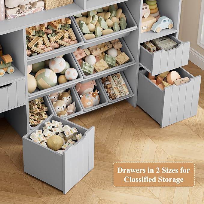 HORSTORS 55" W Toy Storage Organizer with Drawers, Large Kids Toy Storage Box with Removable Bins, Tall Kids Bookshelf and Bookcase for Boys and Girls, Modern Toy Chest for Playroom, Classroom, Grey