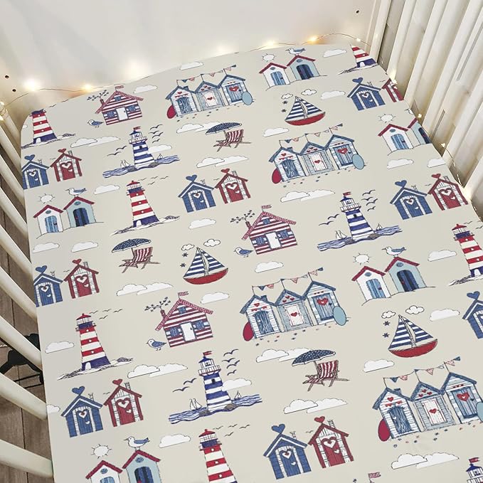Beach Huts Boats Lighthouse Baby Crib Sheets for Boy Girl 28"x52" Summer Seaside Holiday Soft Snug Fitted Crib Mattress Cover Marine Ocean Nautical Baby Sheet for Standard Crib & Toddler Bed Mattress