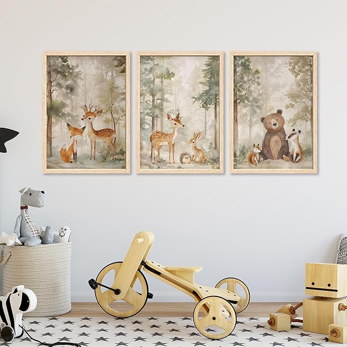 ICHZUMW Woodland Nursery Decor Wall Art Set of 3, Cute Forest Friend Animal Canvas Prints Bear Fox Deer Pictures, Nature Watercolor Paintings, Baby Room Kids Bedroom Playroom, Neutral Artwork 16x24in