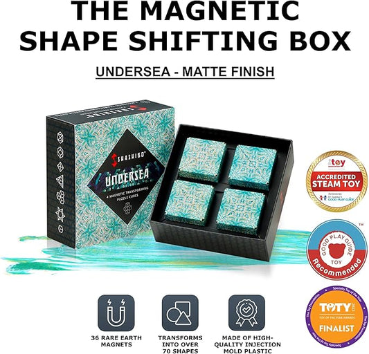 SHASHIBO Shape Shifting Box - Award-Winning, Patented Fidget Cube w/ 36 Rare Earth Magnets - Transforms Into Over 70 Shapes, Gift Box, Download Fun in Motion Toys Mobile App (Undersea, 4 Pack)