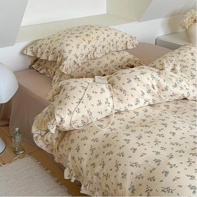 BuLuTu Chic Shabby Vintage Floral Duvet Cover Twin for Kids Girls Boys 100% Cotton Muslin Ruffled Quilt Cover Twin, 68"x86", Hyacinth Print, Soft Breathable, Zipper Closure, No Pillowcase
